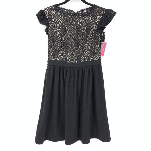 Xhilaration Dress Women's Size Medium A-Line Lace Trim Textured Black Tan - Picture 1 of 7